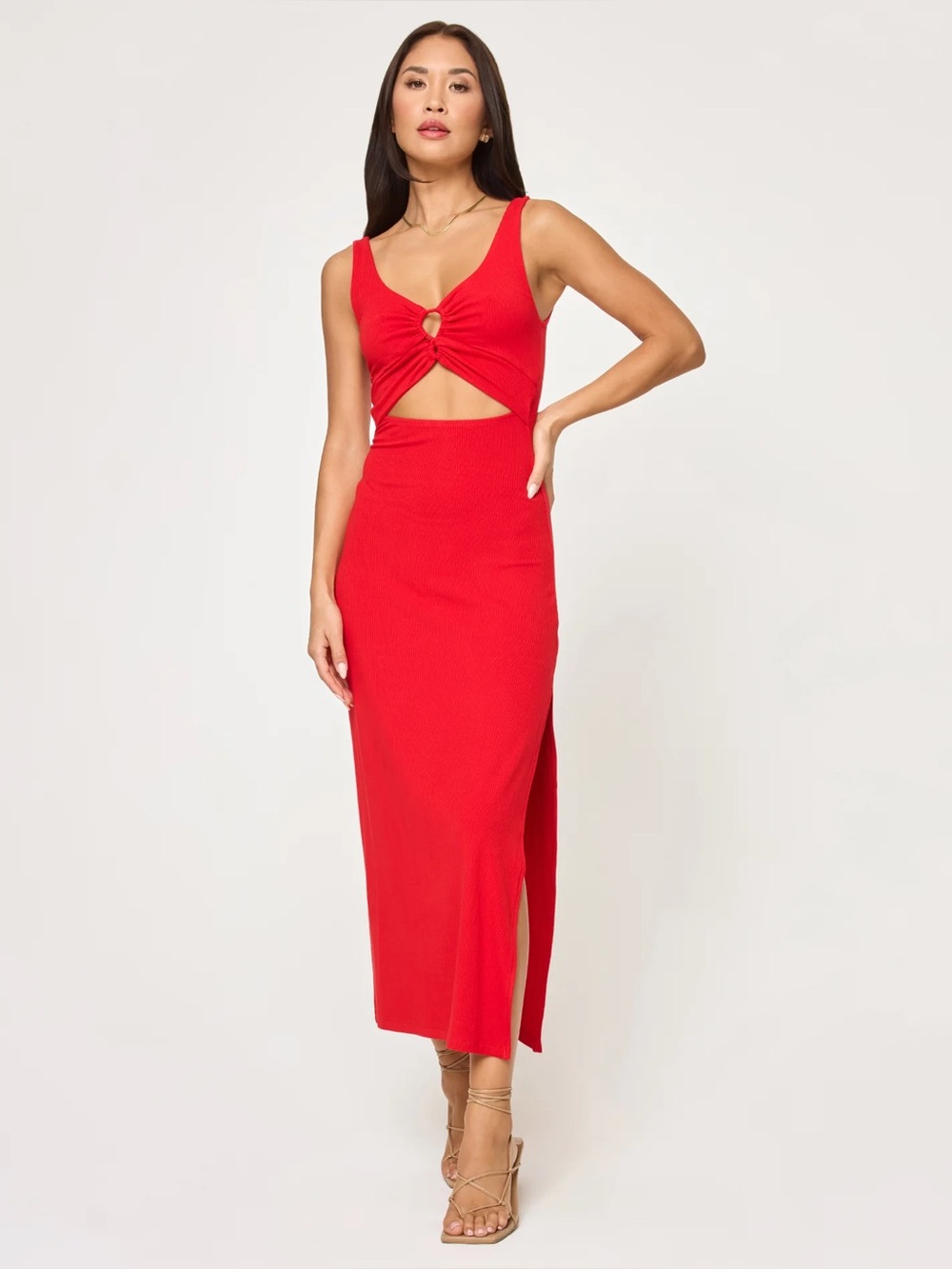 NWT L*Space Camille Cutout Ribbed Midi Dress - Flame Red - Size Large